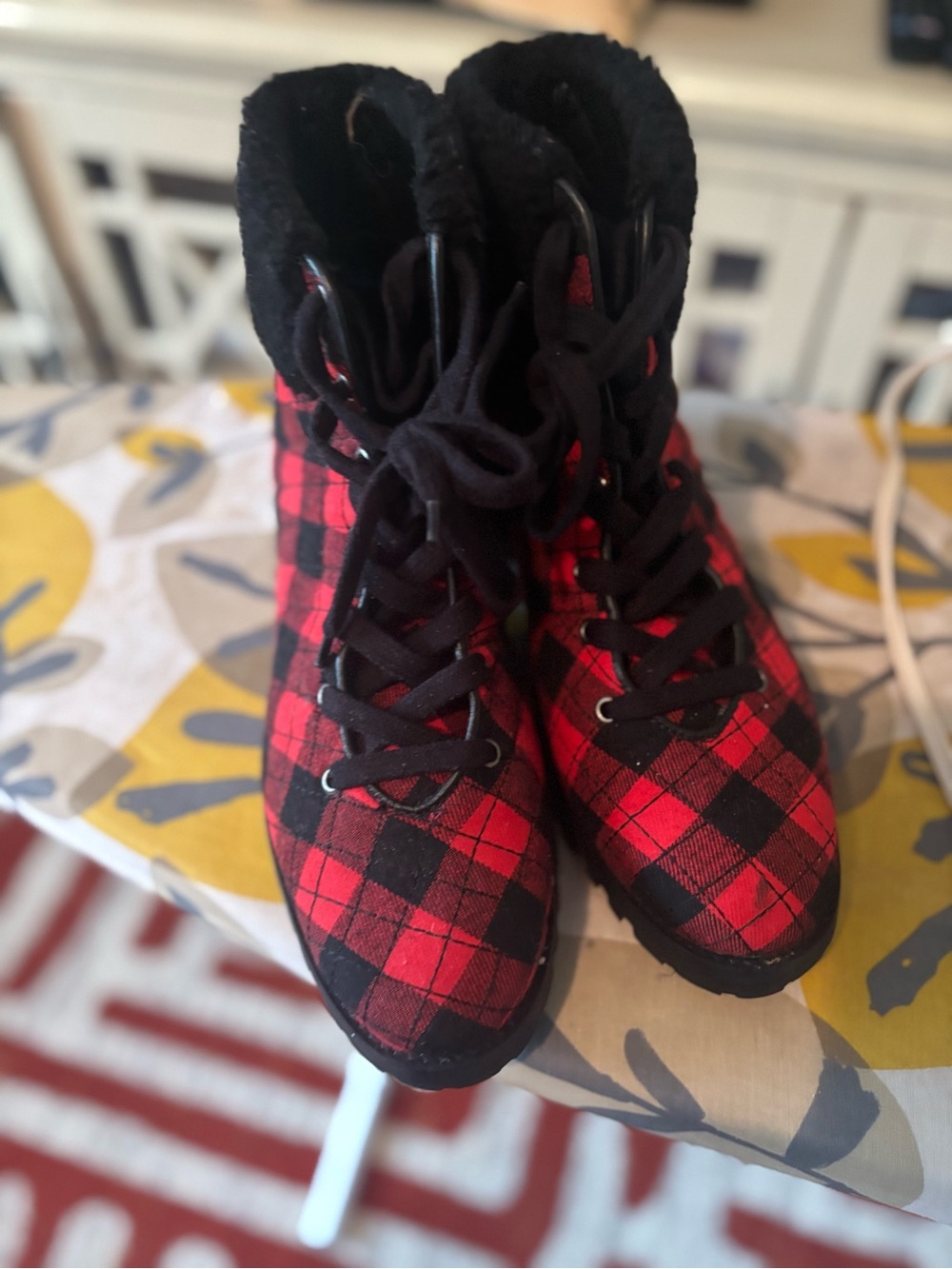 Talbots Red and Black Plaid Lace-Up Ankle Booties